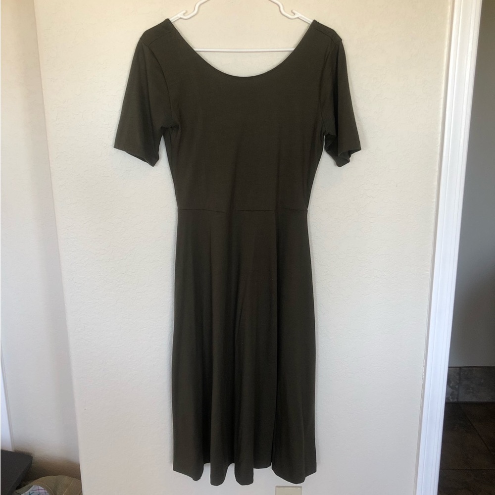 Army green three quarter sleeve fit and flare dress with scoop back